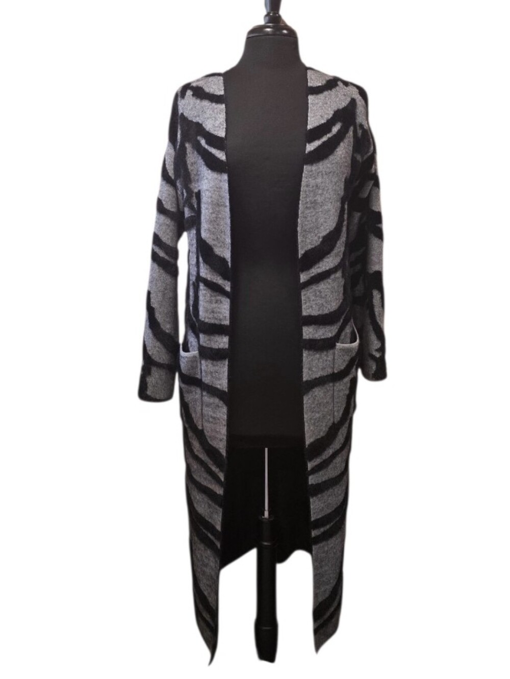 Love Token Longline Open-Front Zebra Print Cardigan Black & Gray Duster Sweater